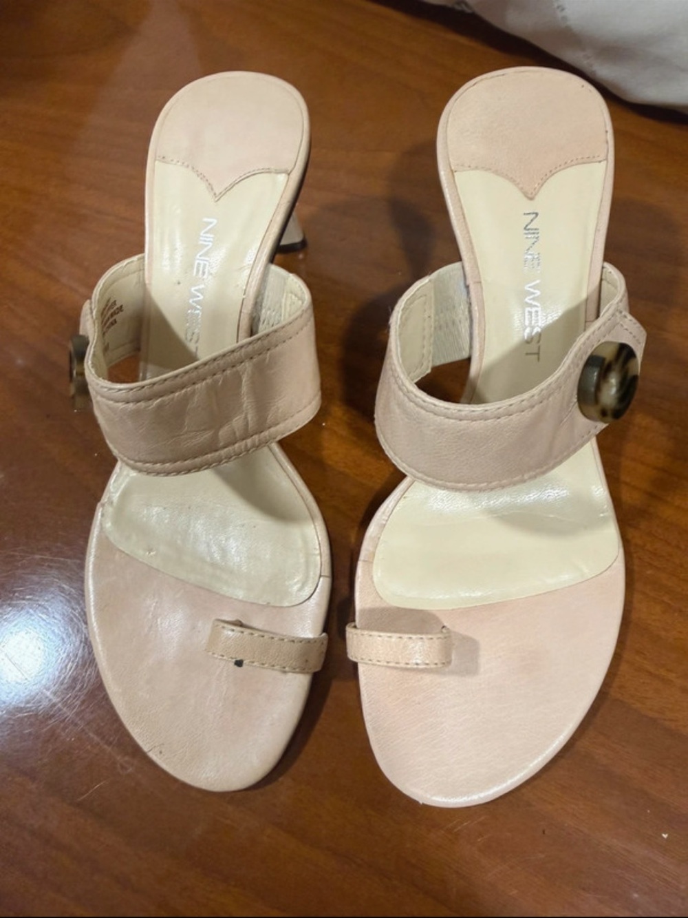 Nine West Nude/Tan Leather Open-Toe Slide Heels